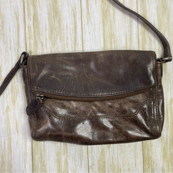 Frye Melissa Foldover Dark Brown Distressed Leather Crossbody Bag - Picture 5 of 10